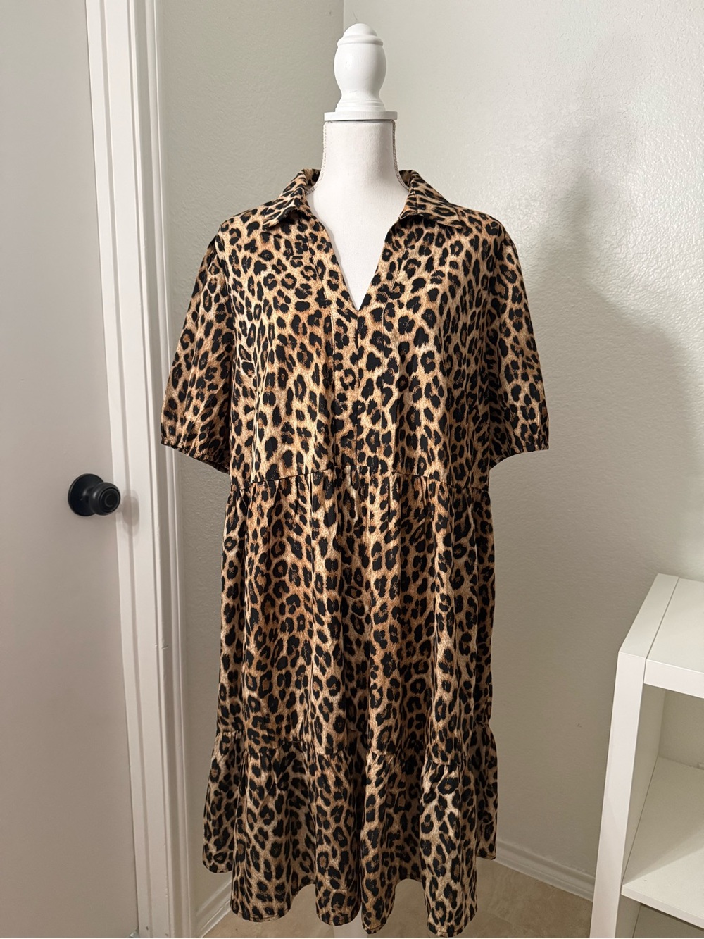 SHEIN Leopard Print Collared Tiered Midi Dress - Tan/Black